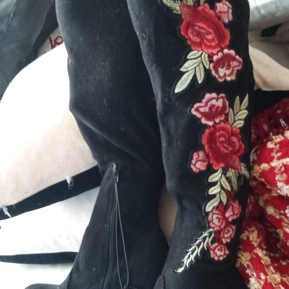 Floral Embroidered Black Over The Knee Boots